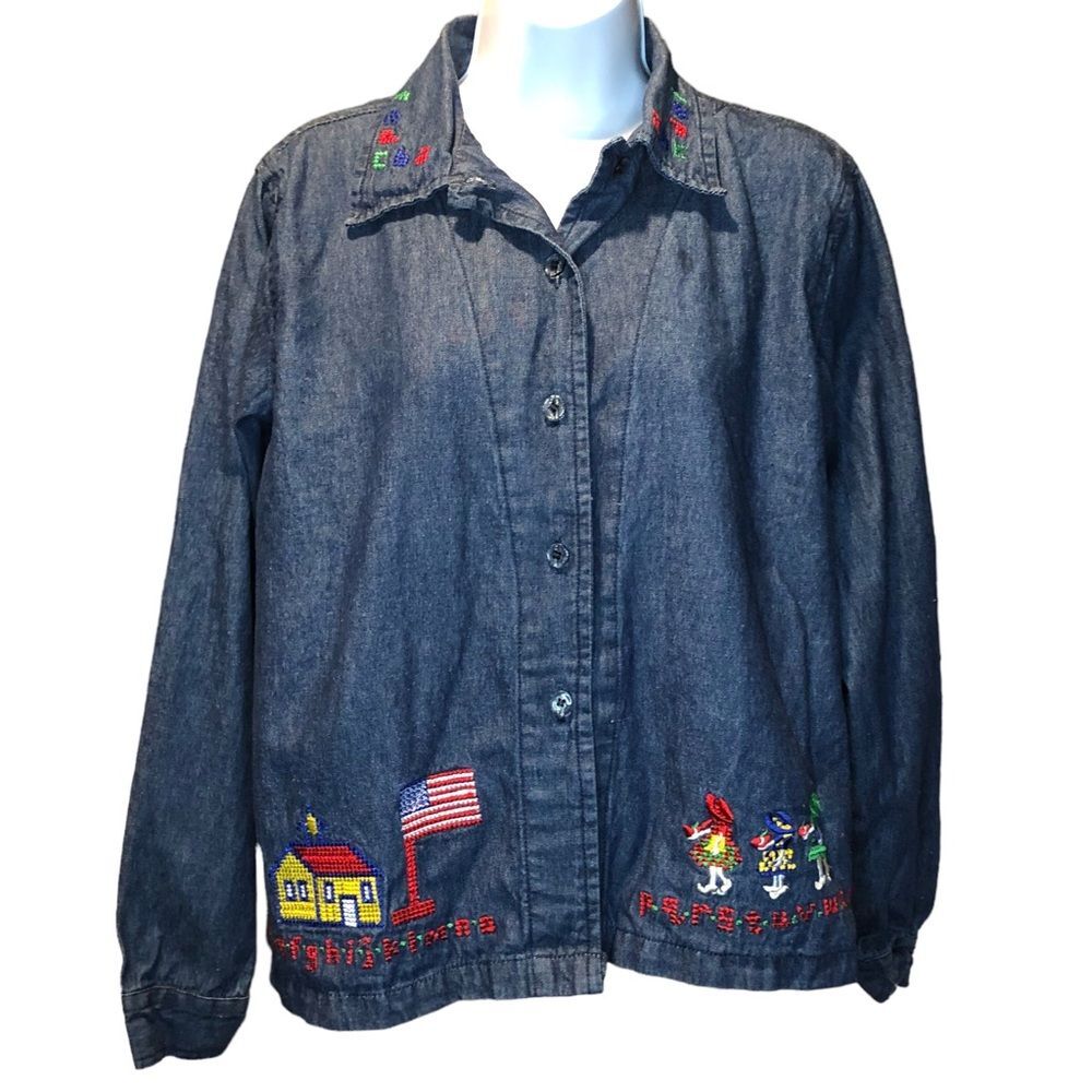 Tagwear Embroidered Teacher Button Up Denim Shirt size M Elementary School